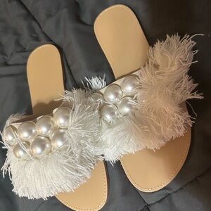 Luxurious White and Tan Embellished Sandals